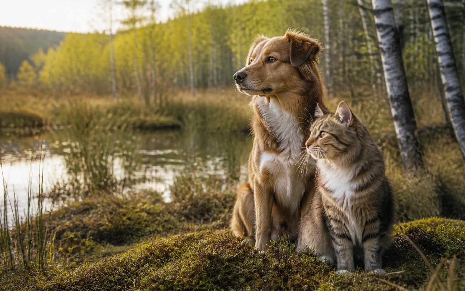 Dog and cat together beside a sunlit peatland meadow